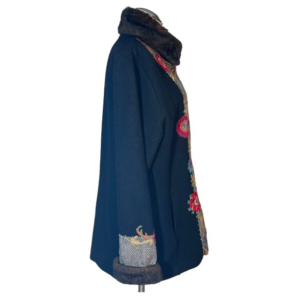 Icelandic Design Embroidered Wool Coat Jacket Faux Fur Trim Size L Black Lined - Picture 7 of 10